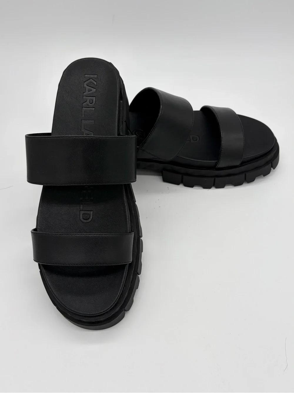 Karl Lagerfeld Black Double-Strap Lug Sole Slide Sandals